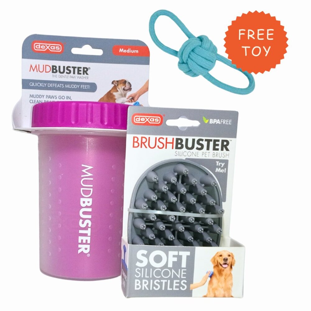 New Medium Mudbuster Dog Paw Cleaner and Silicon Pet Brush + FREE Toy Bundle